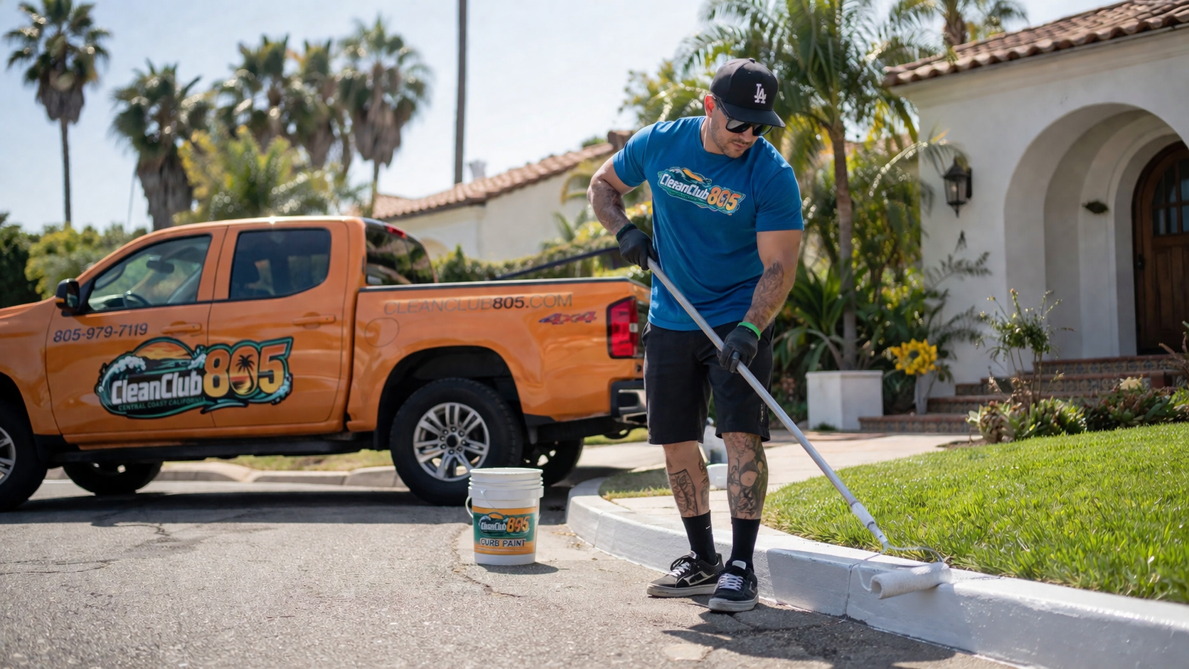 Clean Club 805 technician painting a white curb in front of a Santa Barbara home